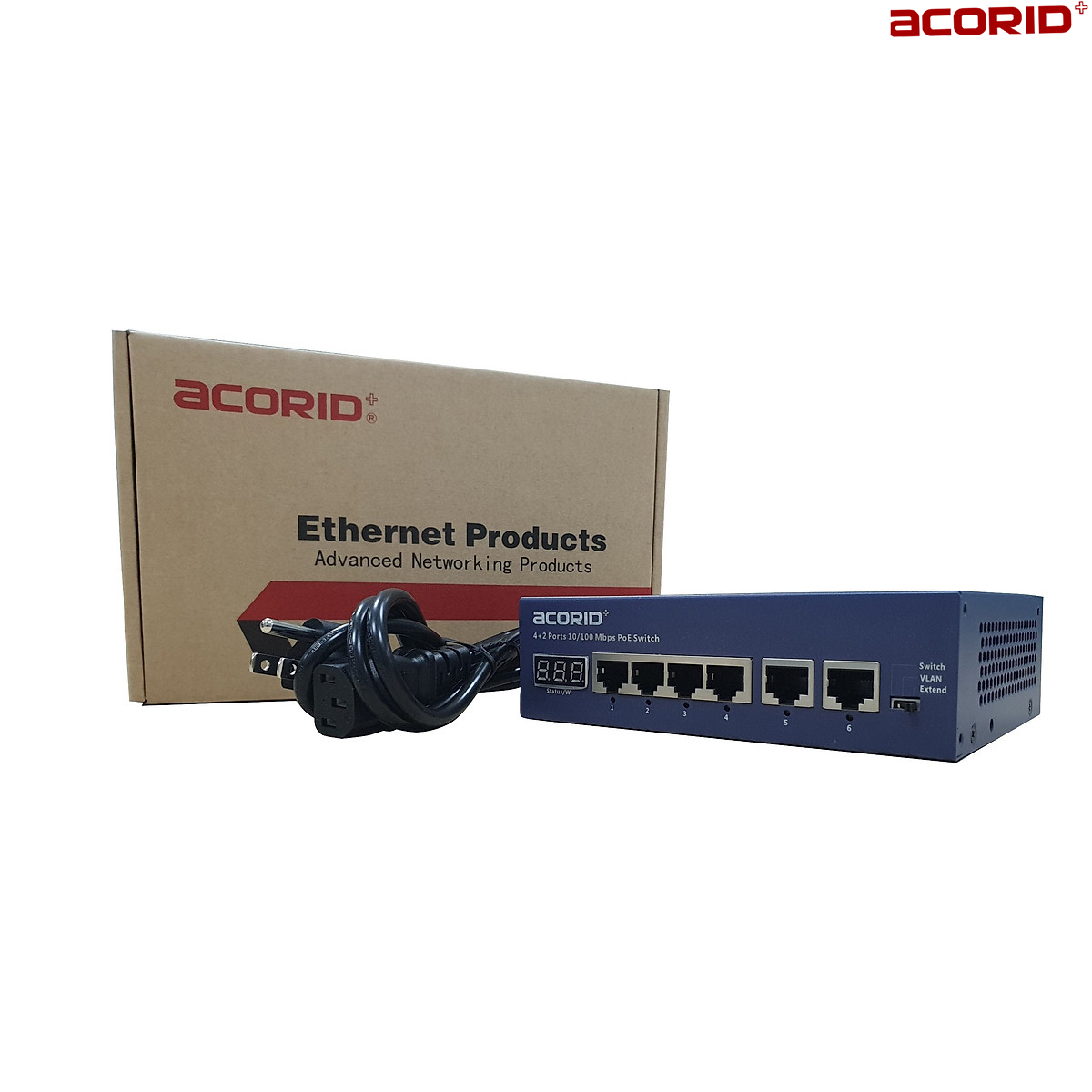 Switch poe 4 port Acorid LS1704P2E, 4 cổng POE+ 30W FE 10/100Mbps , 2 cổng Uplink, tổng công suất 65W, Có đèn hiển thị công suất, AI reboot thiết bị - Hàng chính hãng