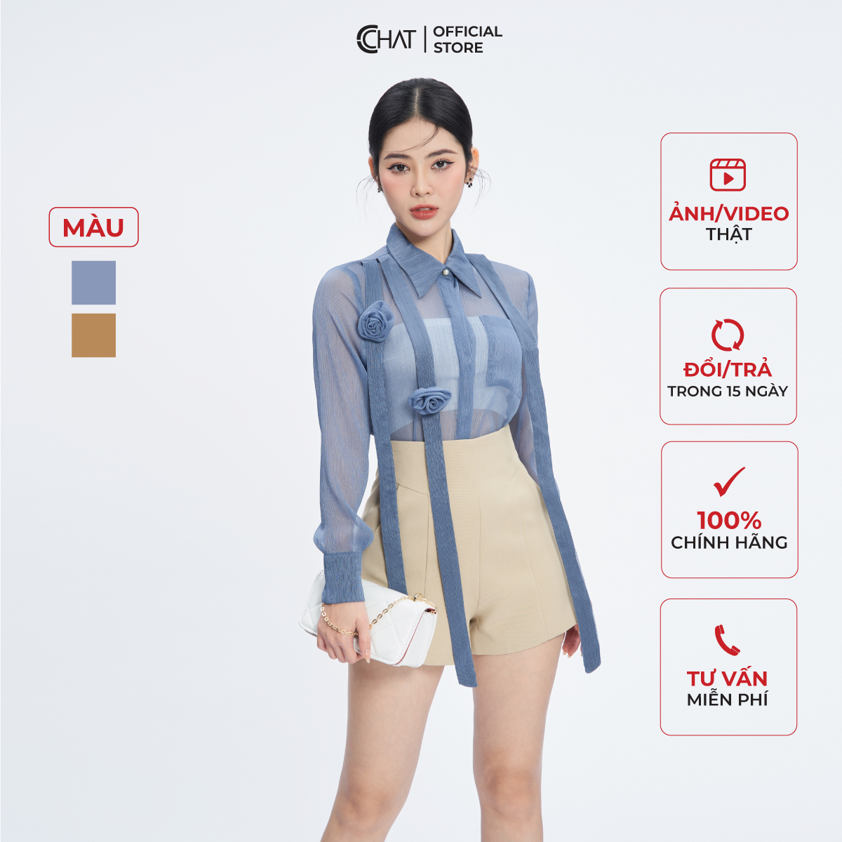 Áo Sơ Mi Nữ  Suông Hoa Thân Trước Trước Chất Liệu Voan Cao Cấp 13FDV2014ST