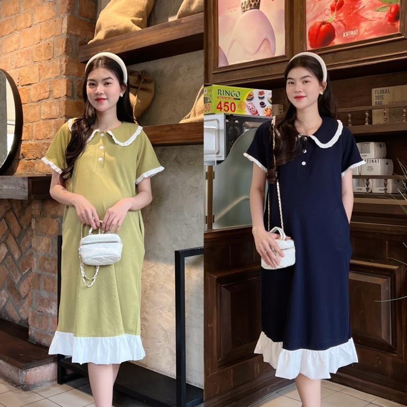 Đầm Bầu Polo Dáng Suông Cổ Sen Phối Viền Bèo Dễ Thương, Trẻ Trung Diện Mùa Hè - Đen