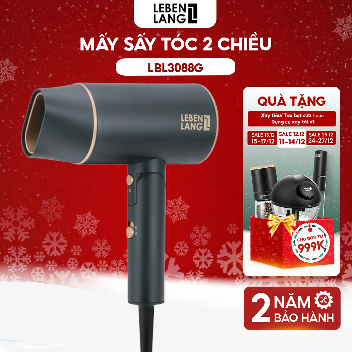 Máy Sấy Tóc Lebenlang 2 Chiều Nóng Lạnh, Gấp Gọn Tiện Lợi, Chống Xơ Rối Tóc Bằng Công Nghệ Ion, 2100W - Đen