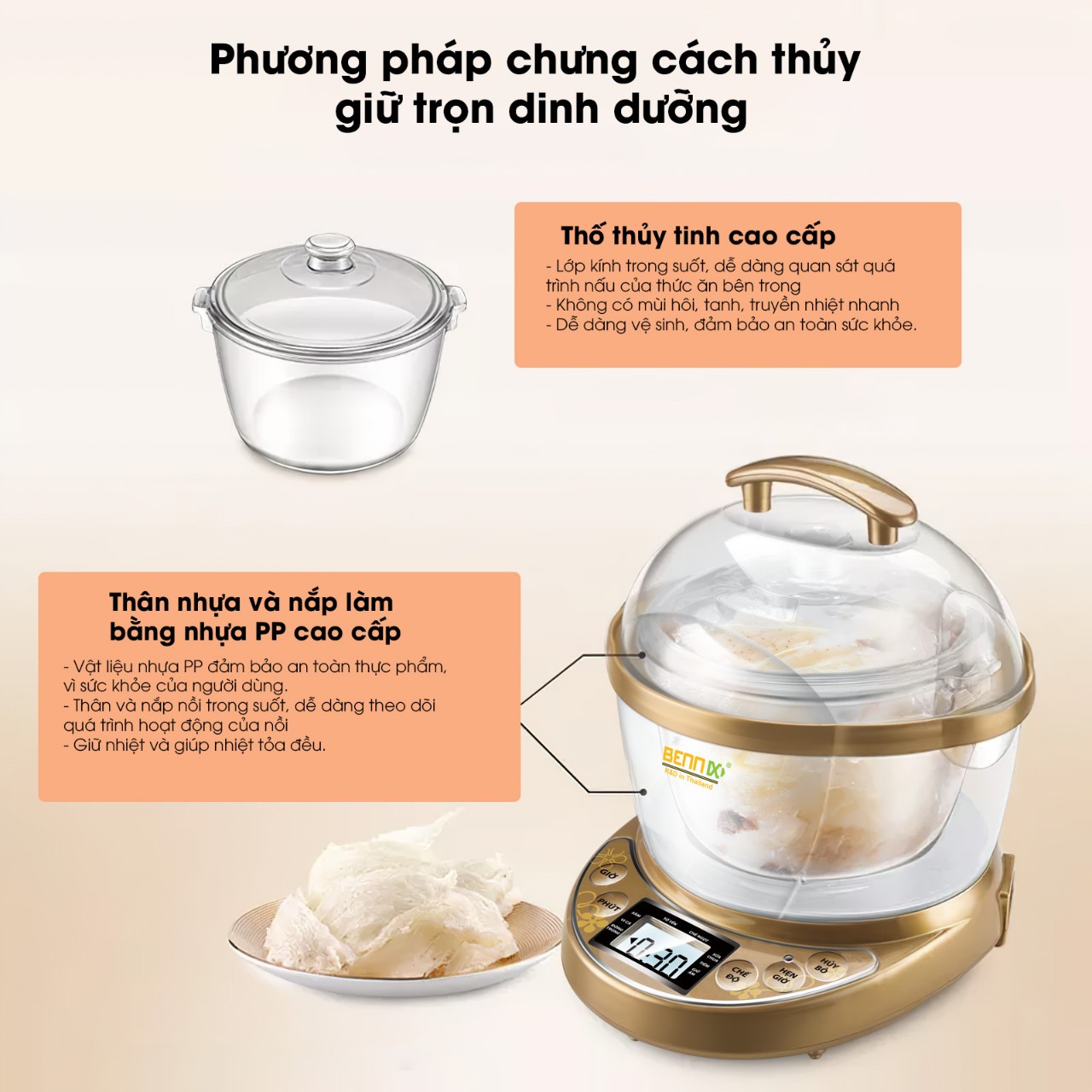 Nồi Chưng Yến Thố Thủy Tinh, Nồi Tiềm Cách Thủy Đa Năng Bennix BN07SLC 0.7L- Hàng Chính Hãng