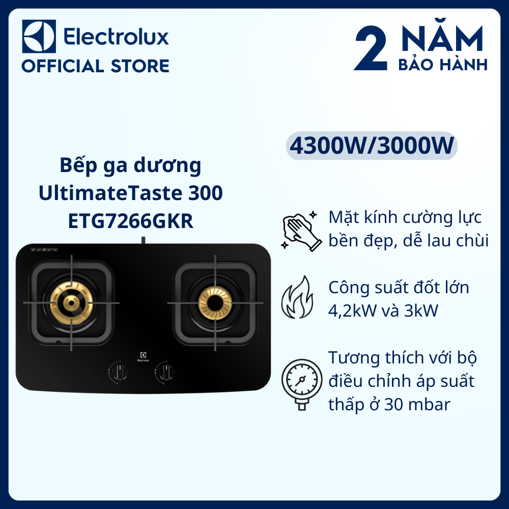 [Free Giao lắp] Bếp ga dương Electrolux ETG7266GKR 2 vùng nấu 70cm - Mặt kính cường lực, dễ vệ sinh, ông suất cao hơn, nấu ăn ngon hơn [Hàng chính hãng]