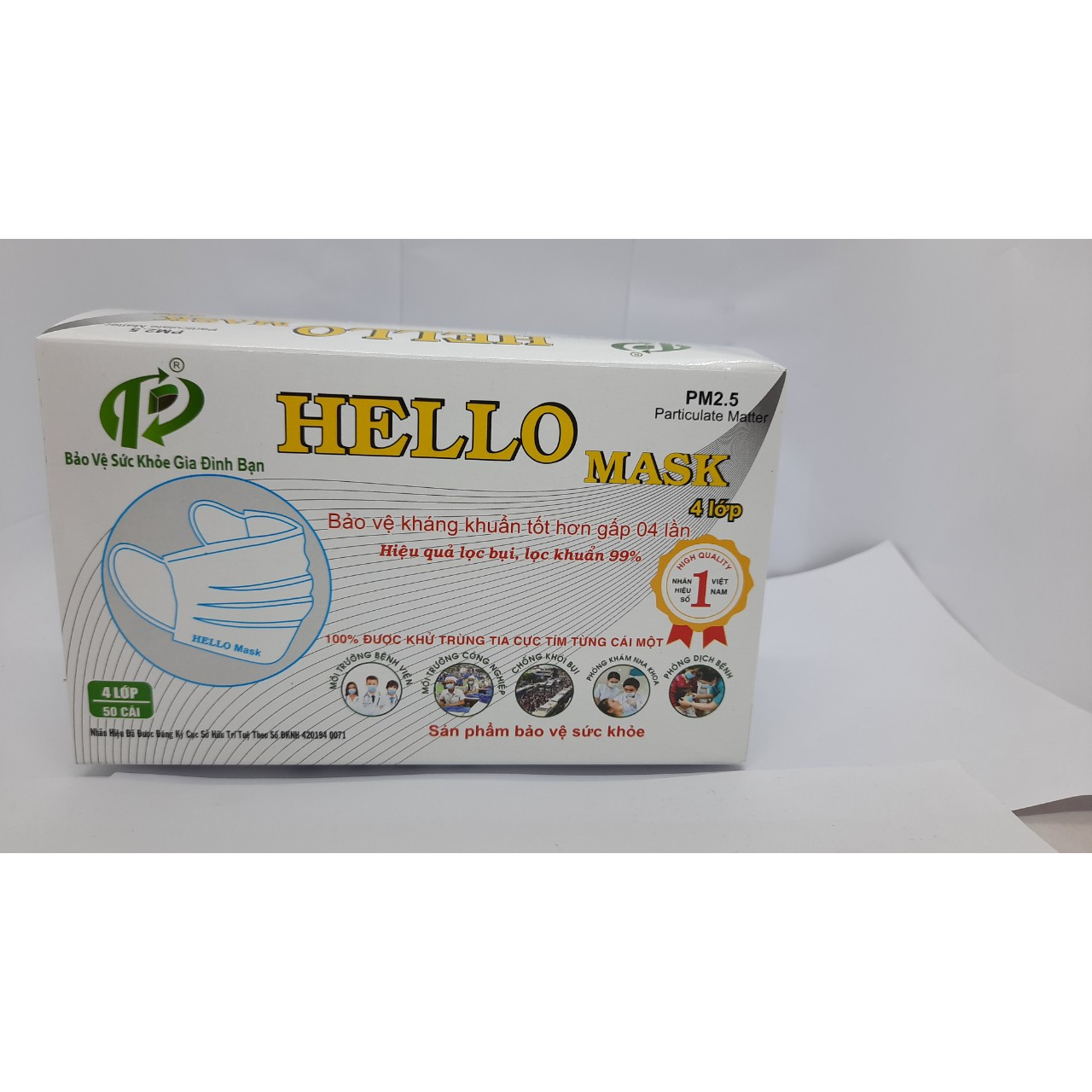 KHẨU TRANG Y TÊ HELLO MASK MÀU TRẮNG (4 LỚP, HỘP 50 CÁI)