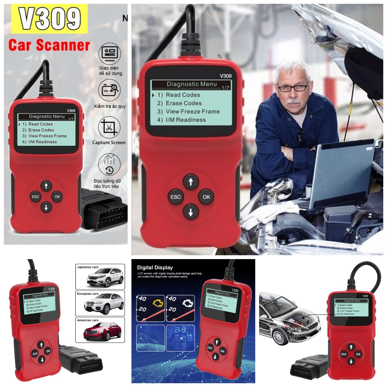 Máy quét mã ô tô OBD2 đa năng, thiết bị đầu đọc chuẩn đoán xóa mã lỗi động cơ xe hơi tự động loại tốt cắm sử dụng trực tiếp