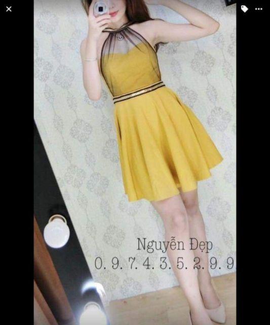 Đầm cúp phủ yếm lưới viền dây