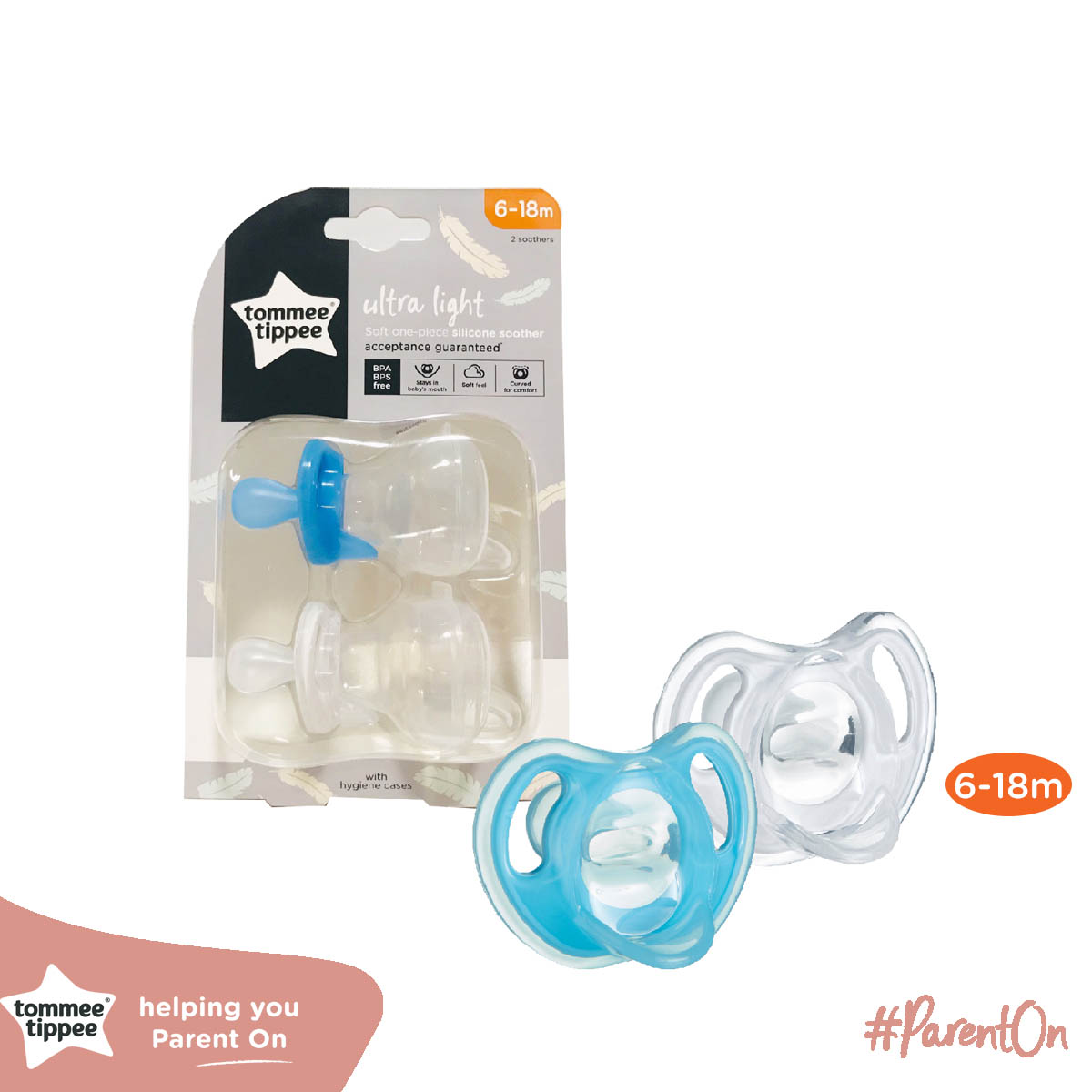 Ty ngậm silicon siêu nhẹ cho bé Tommee Tippee Ultra Light 6-18 tháng - Xanh dương/Trắng