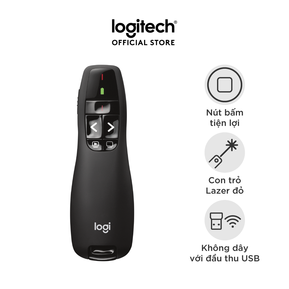 Bút trình chiếu từ xa Logitech R400 - Không dây USB 15m, nút bấm tiện lợi - Hàng chính hãng