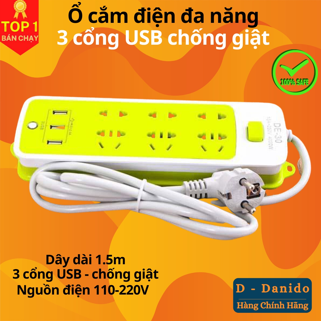 Ổ Cắm Điện Đa Năng Chống Giật Có 3 Cổng USB, Sạc Trực Tiếp, Tiết Kiệm Điện – Bộ Ổ Cắm Điện Xanh Lá Cao Cấp Chính Hãng -