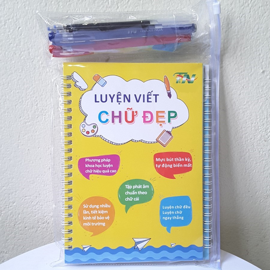 Bộ 3 Vở tập viết luyện chữ với bút tự xoá thần kỳ (Gồm : Luyện nét, luyện chữ đẹp, luyện chữ số và 2 bút, 2 kê tay, 6 ngòi bút)