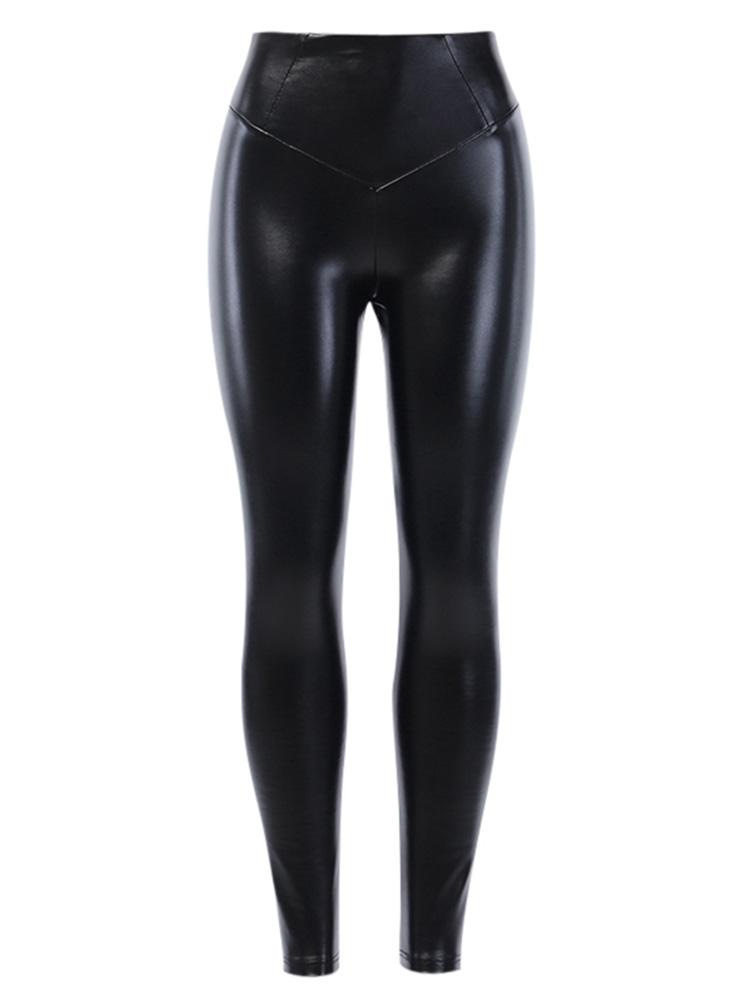 Fashion Women Winter PU Leather Pants Solid Color High Waistline Bodycon Warm Sexy Casual Trousers