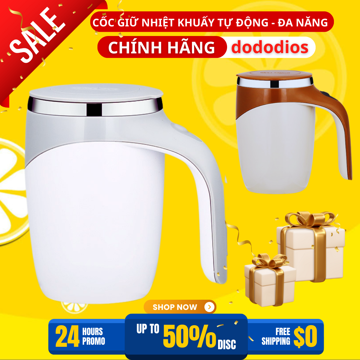 Cốc tự khuấy từ tính dododios giữ nhiệt, inox 304 và nhựa an toàn - Hàng Chính Hãng