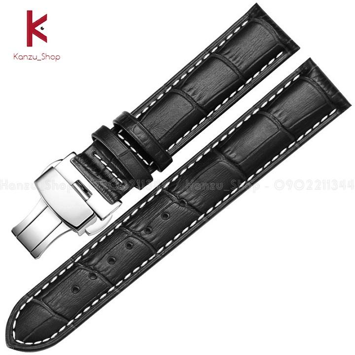Dây Đồng Hồ Da Khóa Bướm Bạc 2 Nút Bấm - Dây Da Đồng Hồ 14mm 15mm 16mm 17mm 18mm 19mm 20mm 21mm 22mm 23mm 24mm