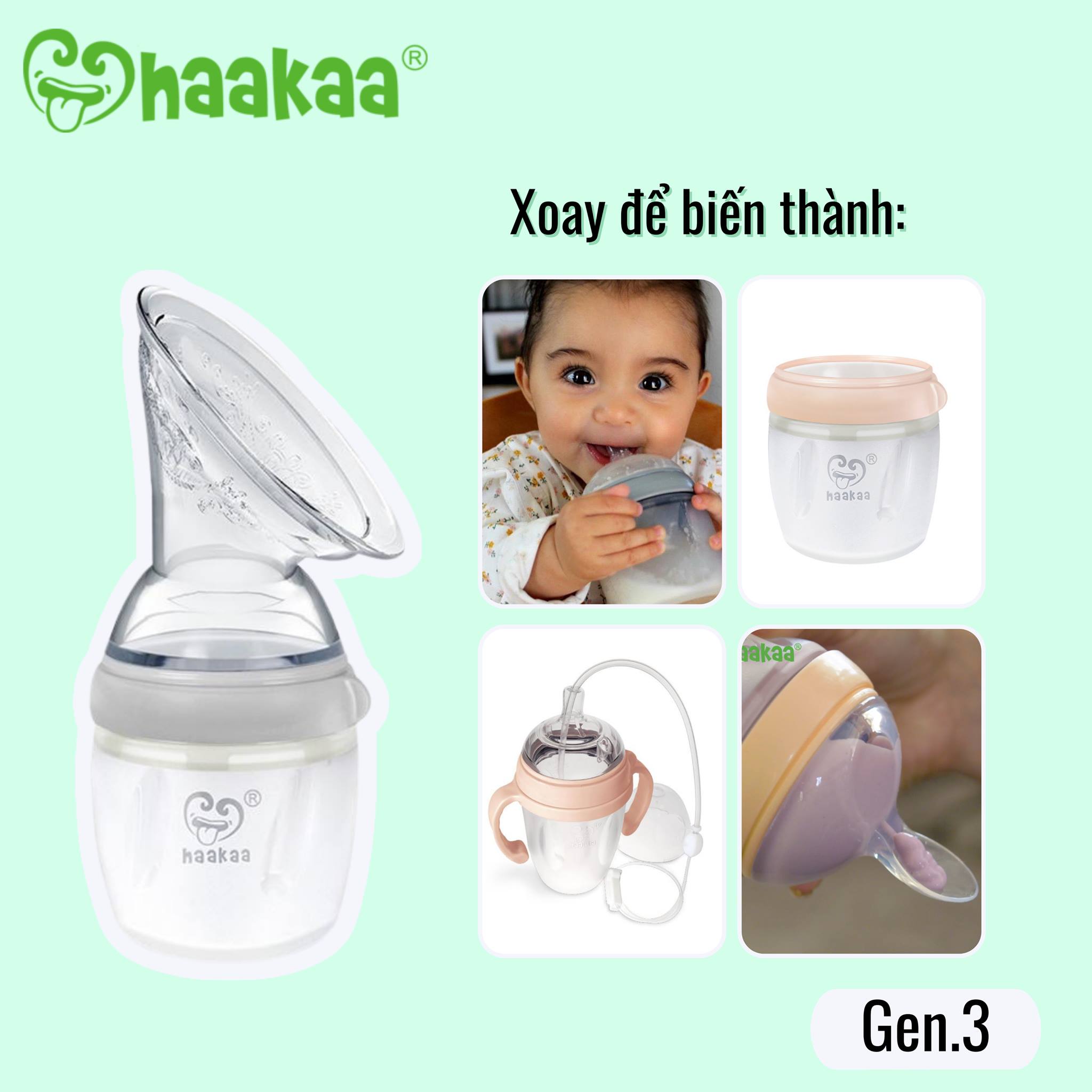 Cốc hứng sữa Gen.3 Haakaa. Chất liệu silicone cao cấp. Không chứa BPA, PVC và phthalate. Có thể chuyển đổi thành Bình sữa, Bình trữ sữa