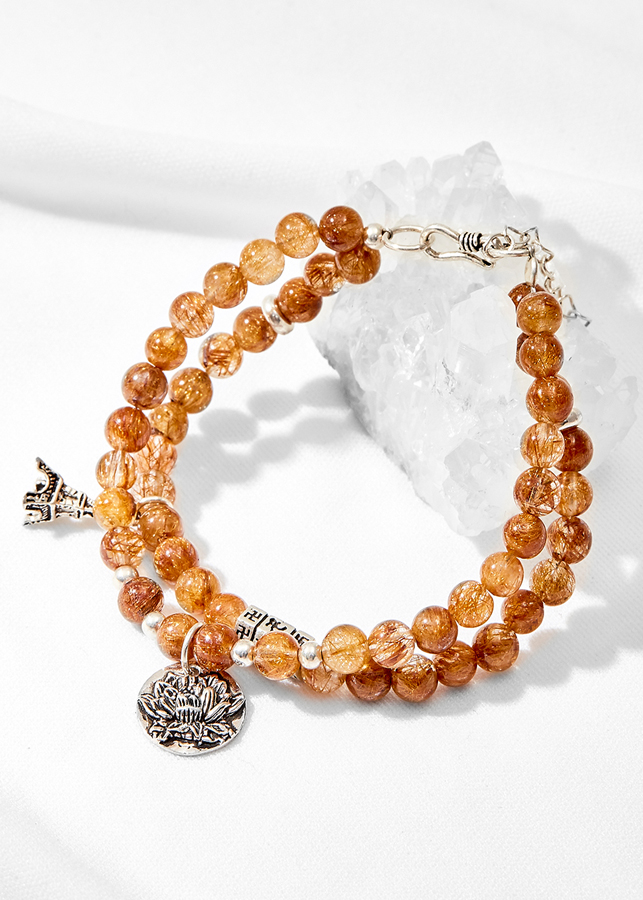 Vòng tay đôi thạch anh tóc đỏ phối hoa sen Ngọc Quý Gemstones