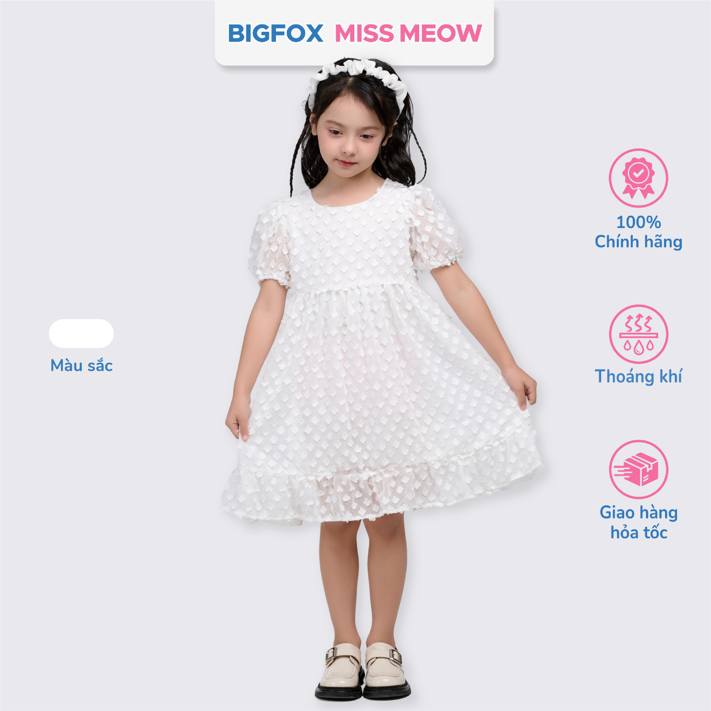 Váy trắng dự tiệc bé gái Bigfox Miss Meow, đầm công chúa tiểu thư size đại kiểu Hàn ren hoa mùa hè 3,7,9,11 tuổi 30kg