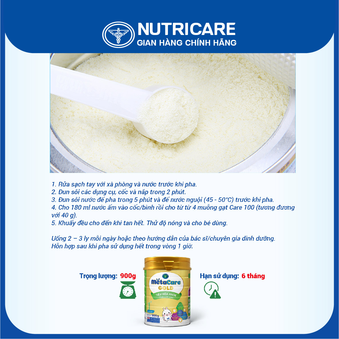 Sữa bột Nutricare MetaCare Gold 1+ tiêu hóa khỏe tăng hấp thu 900g