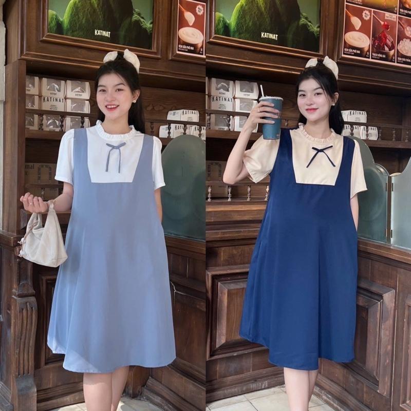 Đầm bầu yếm liền công sở cổ bèo dáng suông chất cotton lạnh mềm mát, bầu diện đi làm đi chơi đều xinh - Nâu