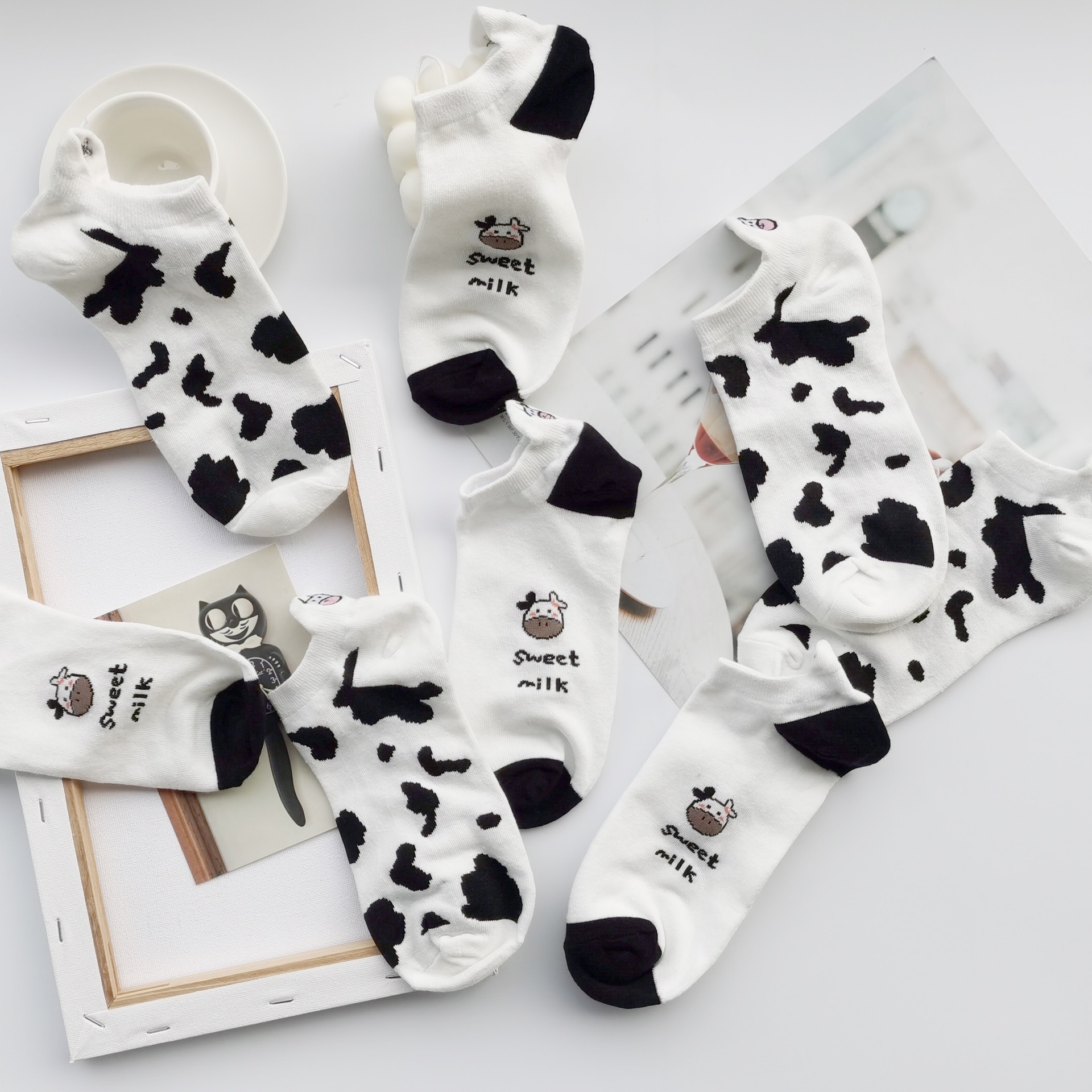 Bộ 5 Đôi Vớ Tất Bò Sữa Cổ Thấp Unisex Vintage Hàn Quốc Chất Liệu Vải Mềm TN127