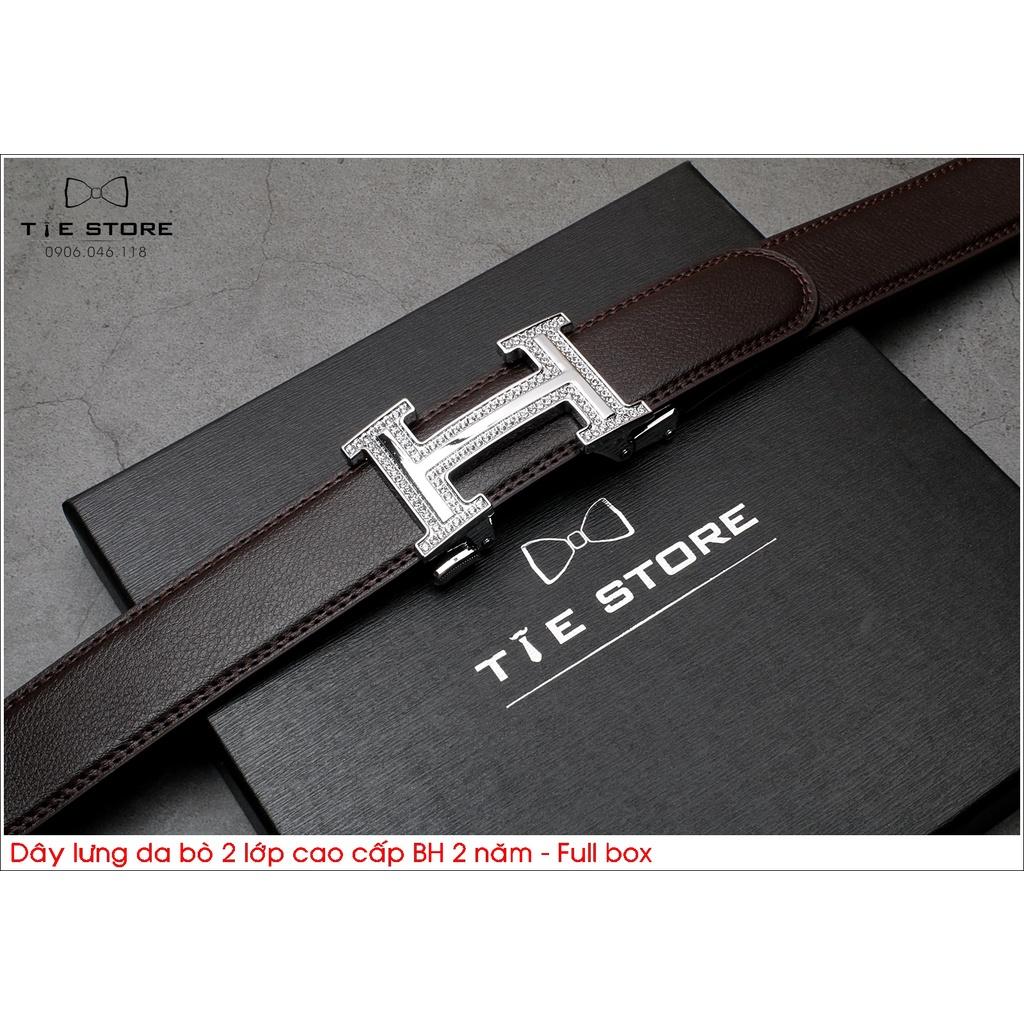 Thắt Lưng Nam Da bò 2 lớp, dây lưng công sở cao cấp BH 2 năm Full box - Mặt liền khóa tự động chữ H
