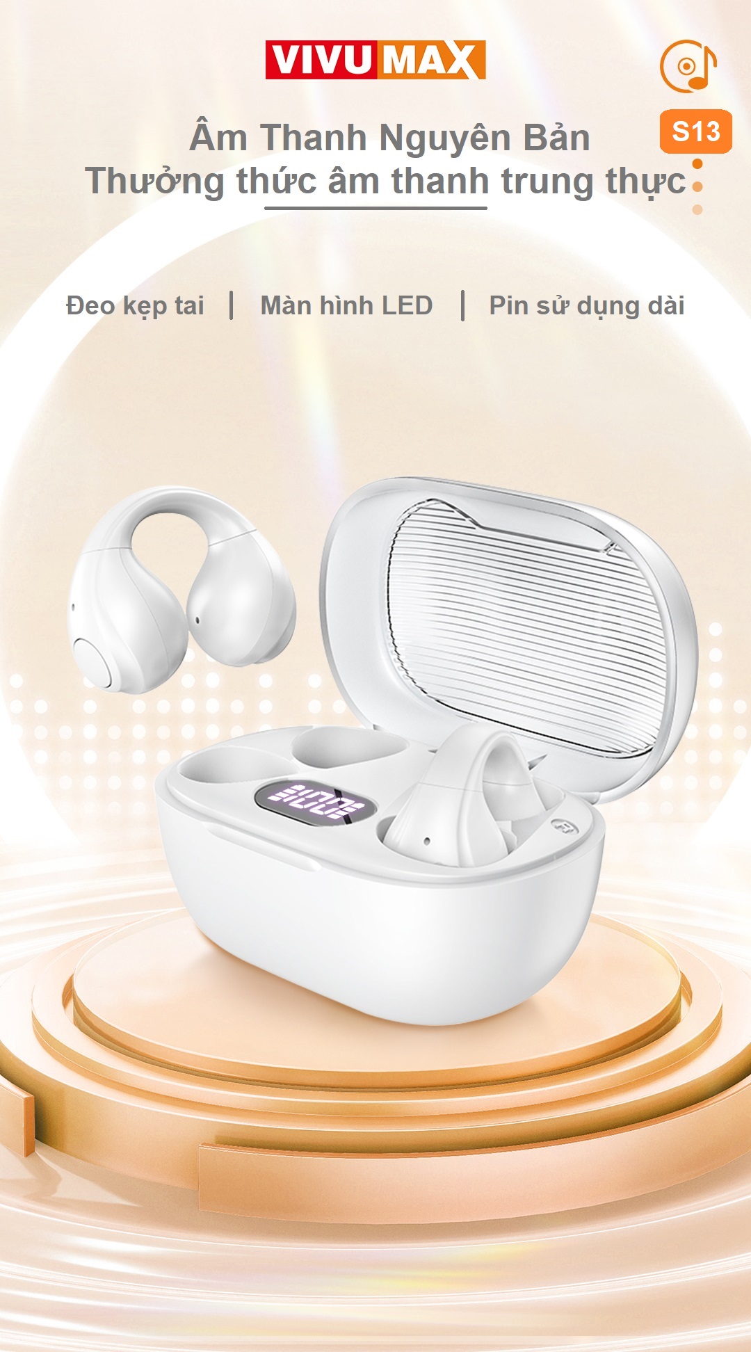 Tai Nghe Không Dây Kẹp Tai TWS Vivumax Sport 1 màu trắng - Hàng Chính Hãng, Bảo Hành Chính Hãng