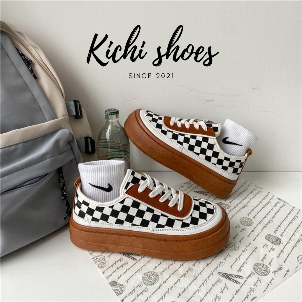 Giày nữ độn đế tăng chiều cao caro Full Box siêu êm chân Giày thể thao đế bằng bánh mì mã 7806 - Kichi Shoes