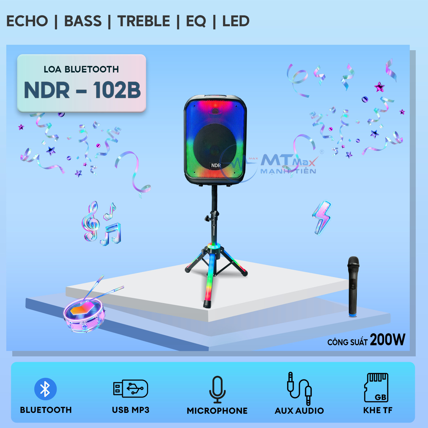 Loa Bluetooh Karaoke NDR 102B - Loa Đèn Led Cực Đẹp 7 Chế Độ, Âm Thanh Mạnh Mẽ, Trầm Ấm, Kết Nối Bluetooth, USB, TF, AUX, TWS, Đi Kèm Chân Loa Có Led RGB Và Micro Không Dây Đa Năng hàng chính hãng