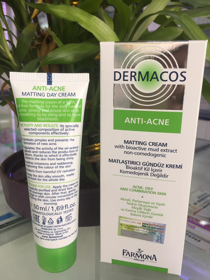 Kem Farmona Dermacos Anti-Acne Matting Cream giảm thâm mụn kiềm dầu hỗ trợ chống nắng 50ml