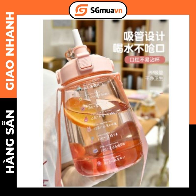 Bình nước 1.3l, bình nước thể thao nhựa trong suốt đủ màu dán sticker