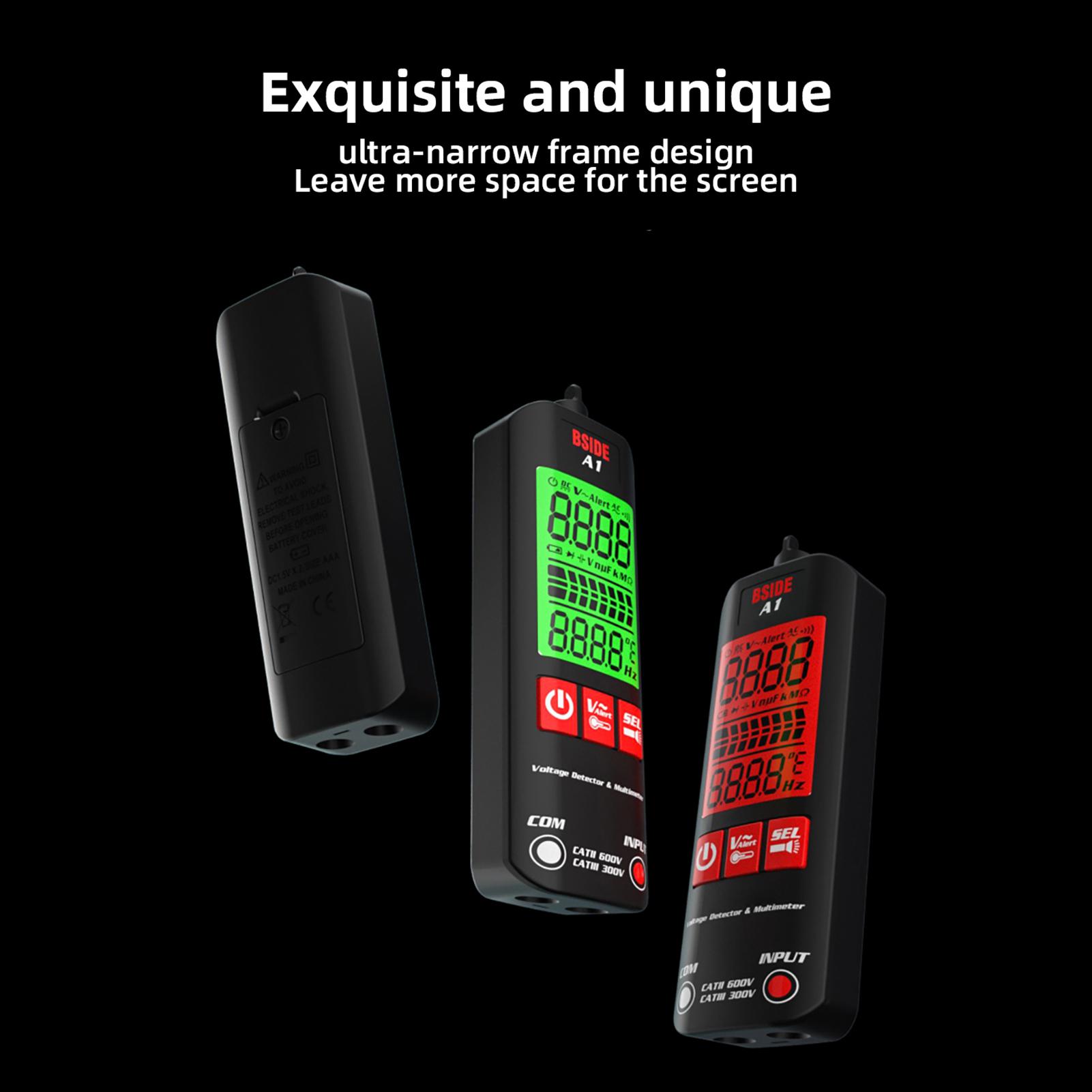 BSIDE A1 Mini Multimeter LCD Digital Tester Voltage Detector 2000 Counts DC/AC Voltage Frequency Resistance NCV Continuity Live Wire Neutral Wire Check True RMS Meter with Storage Zipper Case