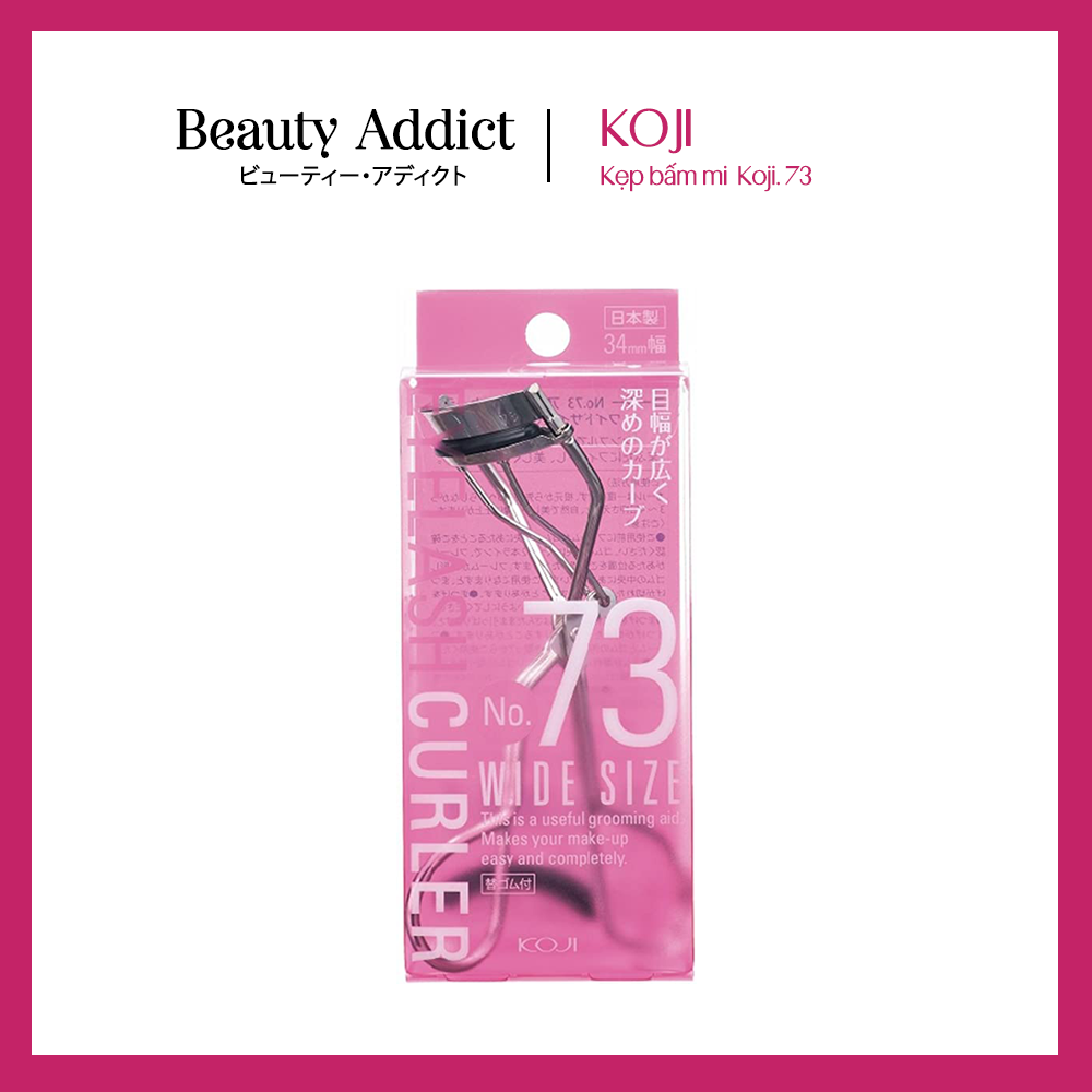 Kẹp Bấm Mi Nhật Bản Koji Eyelash Curler 73, Cong Tự Nhiên, Không Gỉ, Chắc Chắn, Cỡ 34mm, Có Thêm Miếng Đệm Cao Su Để Thay Thế