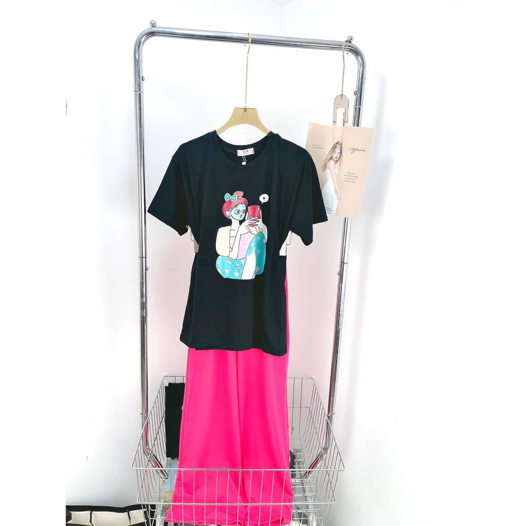 Đồ bộ Dài Áo Thun Cô Gái Quần Hồng Ống Rộng DOMIN