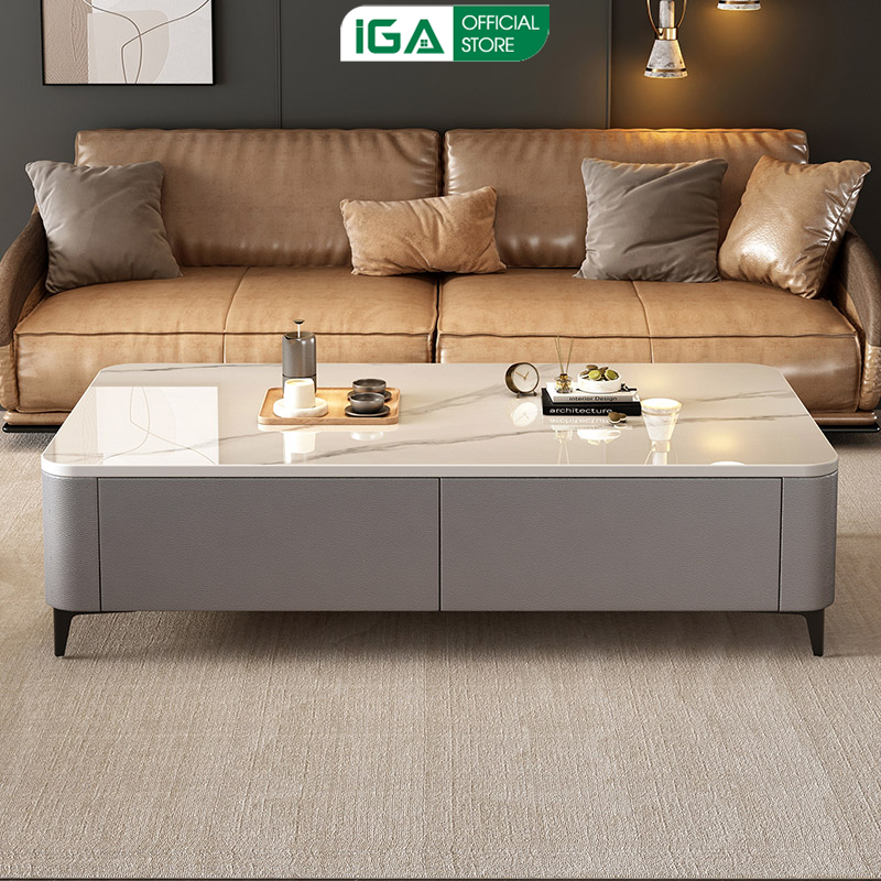 Bàn trà sofa phòng khách họa tiết vân đá bọc da cao cấp phong cách sang trọng - GP379