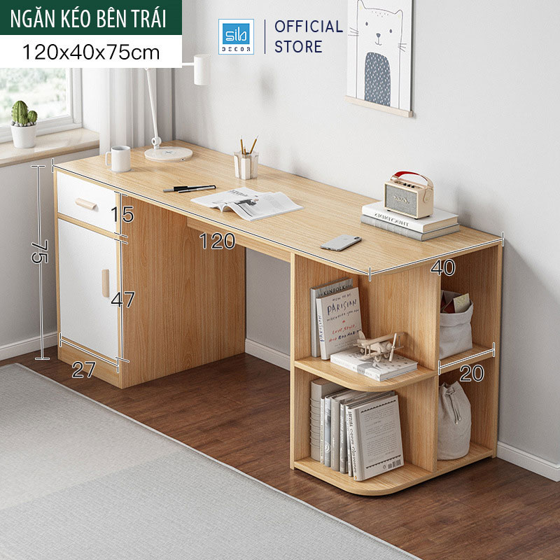 Bàn Học Tập, Làm Việc Nhiều Ngăn Đa Năng Màu Trắng Phối Vân Gỗ Sồi Thương Hiệu Sib Decor Blv74 - 120Cm X 40Cm X 75Cm - Tủ Kéo Bên Trái