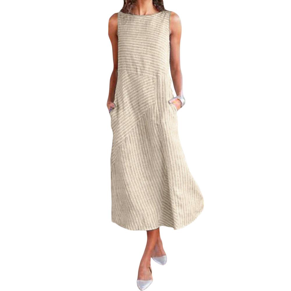 Women Plus Size Dress Linen Retro Print O Neck Sleeveless Side Pockets Summer Casual Maxi Party Beach Dress