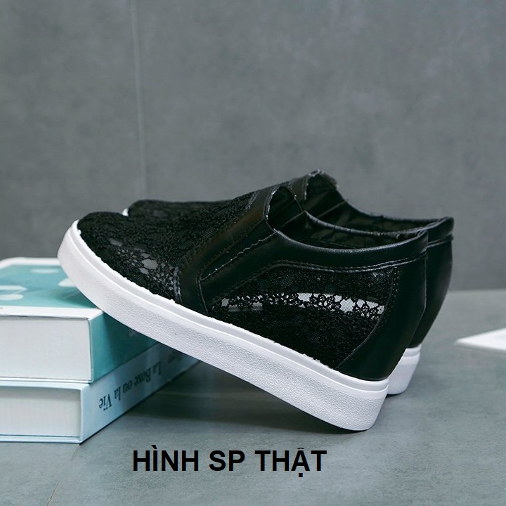 Giày độn đế nữ, giày slip on nữ đế độn lưới V10 phối ren hoa êm chân, hàng Quảng Châu loại 01 S080