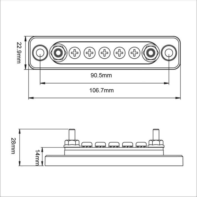 Thanh bus khối đầu cuối monobloc với 2 đinh tán, 5 ốc vít - 107 x 23 x 28 mm