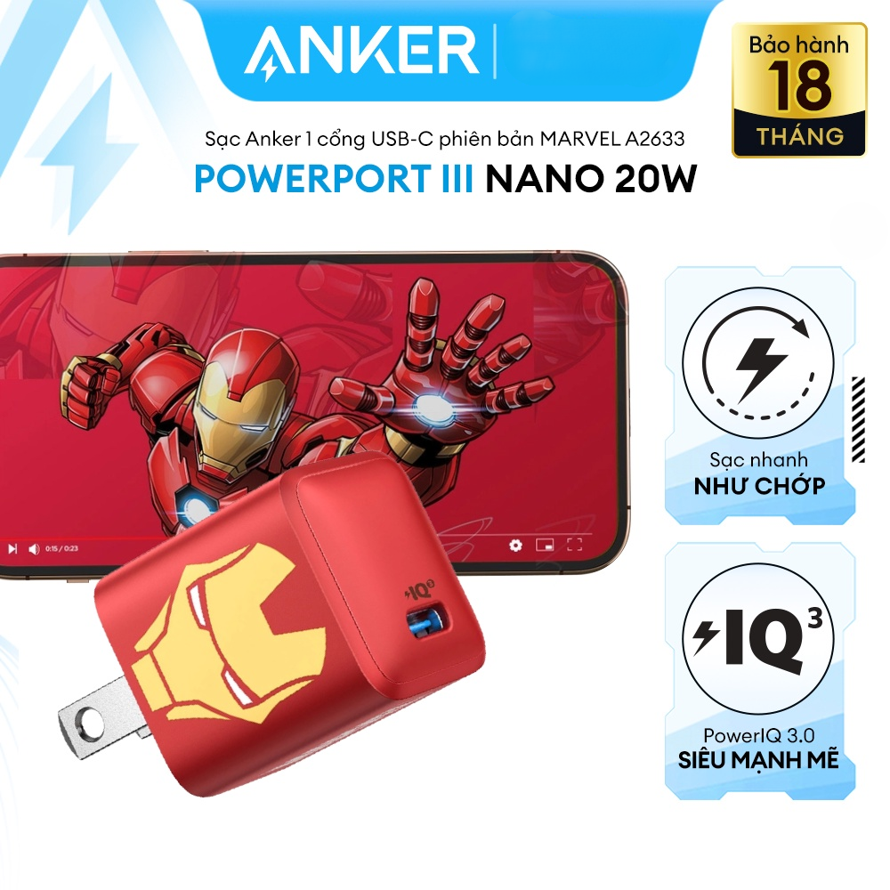 Sạc AN.KER Powerport III Nano 20W 1 cổng USB-C PiQ 3.0 tương thích PD - AN KER A2633 - Phiên bản Marvel