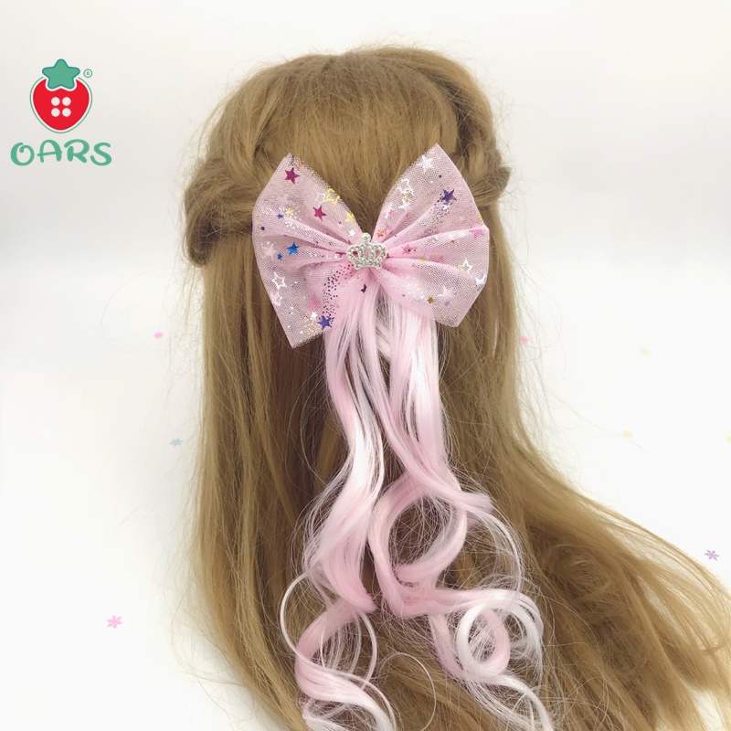 Kẹp tóc cho bé - Tóc giả trẻ em kèm kẹp tóc phong cách công chúa màu hồng đáng yêu đính hình vương miện
