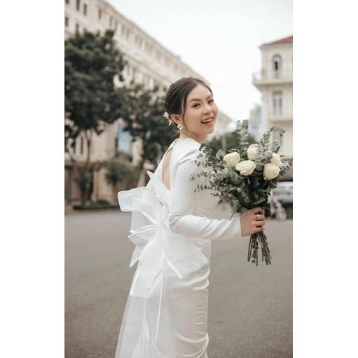 Đầm váy cưới maxi đuôi cá dài phi nhật dày dặn hở nơ lưng nơ lưng trắng đỏ mặc cưới đi biển dự tiệc dạo phố bigsize