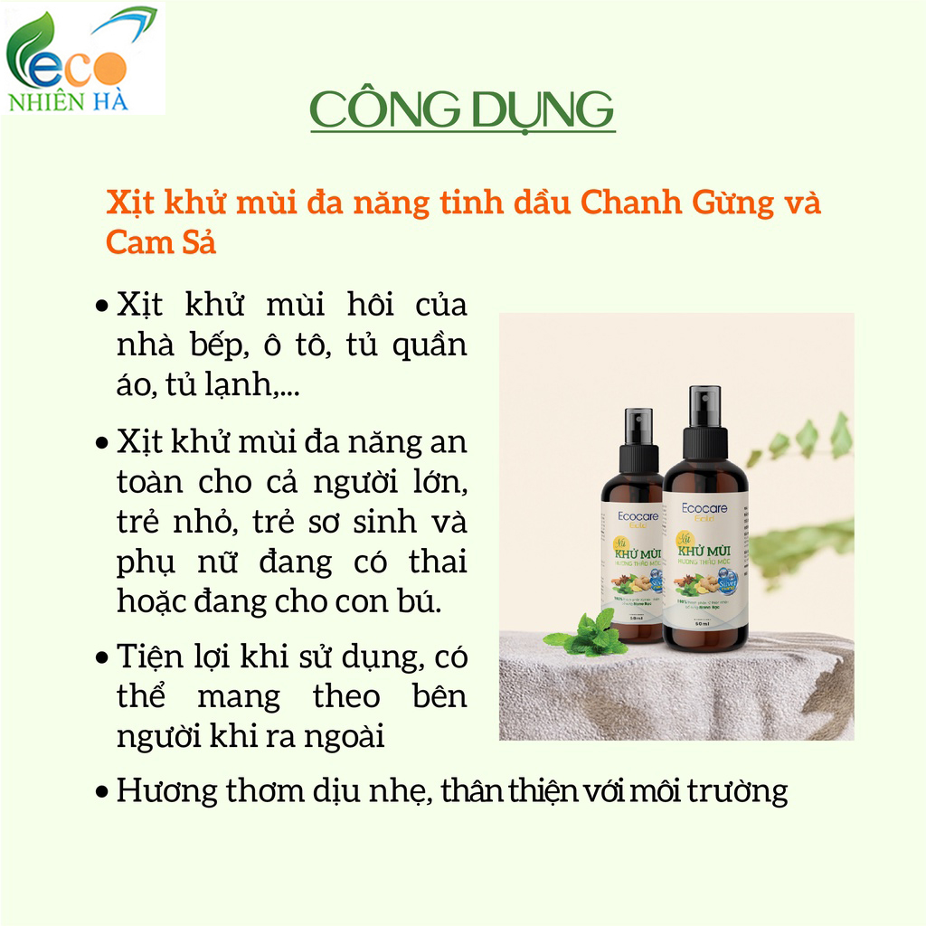 Xịt khử mùi đa năng ECOCARE 50ml tinh dầu thiên nhiên Nano bạc, khử mùi nhà bếp tủ quần áo