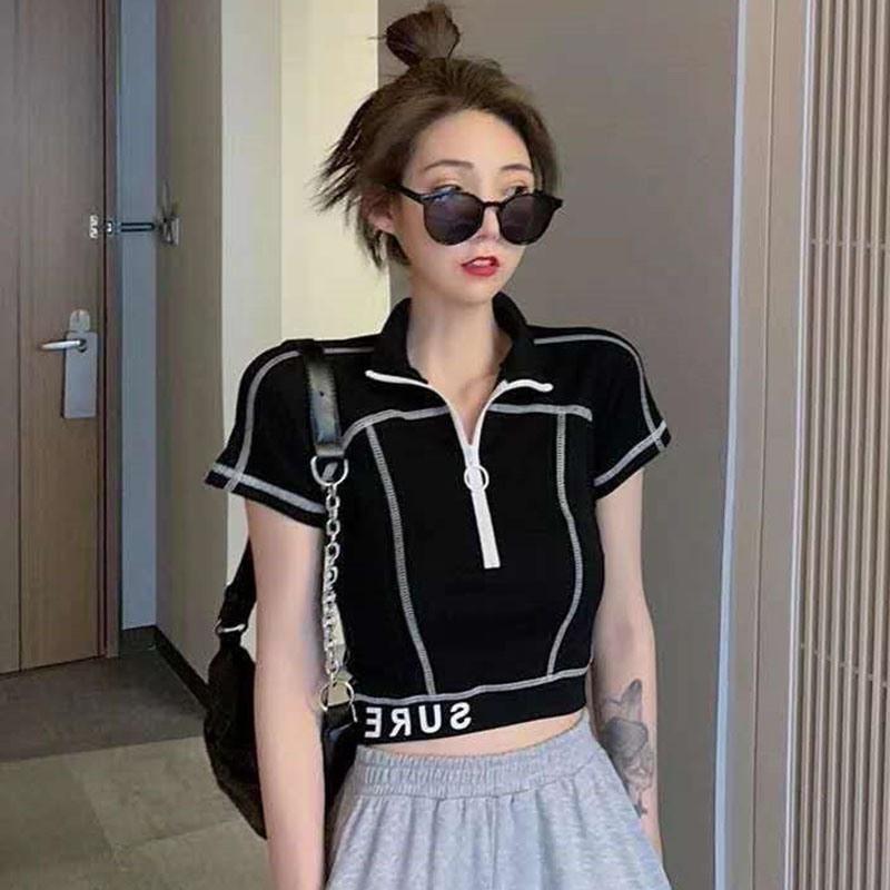 Áo Thun Dệt Kim Tay Ngắn Phối Khóa Kéo Cá Tính Dành Cho Nữ