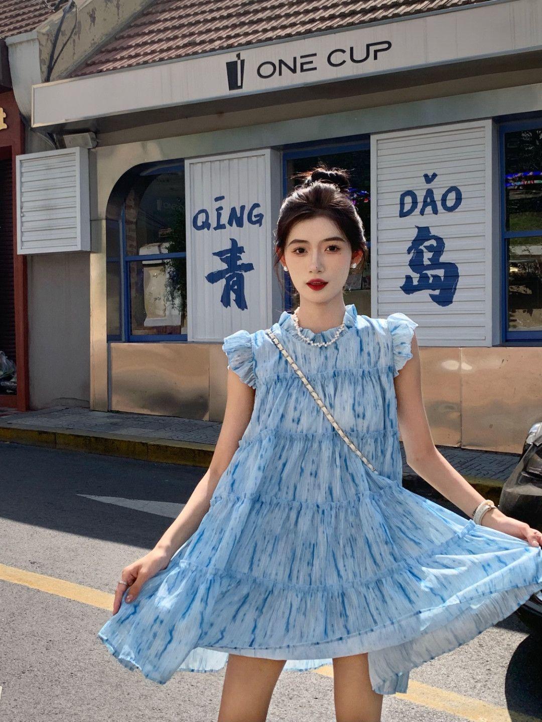 SHUANGYAN Váy ngắn tay áo nữ mùa hè kiểu Pháp, váy chữ A, váy ngắn thắt lưng.