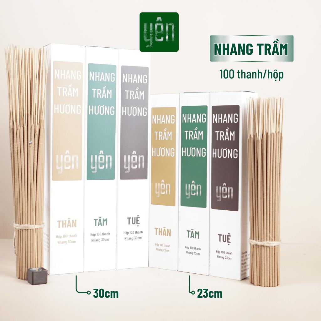 Nhang Trầm Hương Yên 23-30cm Hộp 100 thanh Loại Thân, Tâm, Tuệ Tự Nhiên Ít Khói Dùng Thiền Thờ Cúng - Trầm Tâm