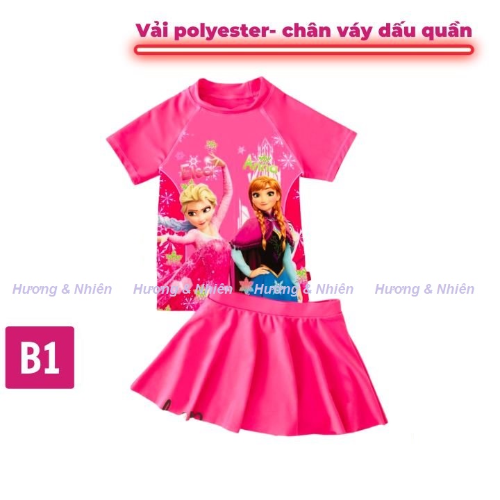 Đồ bơi bé gái tay ngắn chân váy hình Elsa - Anna từ 11-40kg, quần giả váy tạo cảm giác tự tin-kín đáo