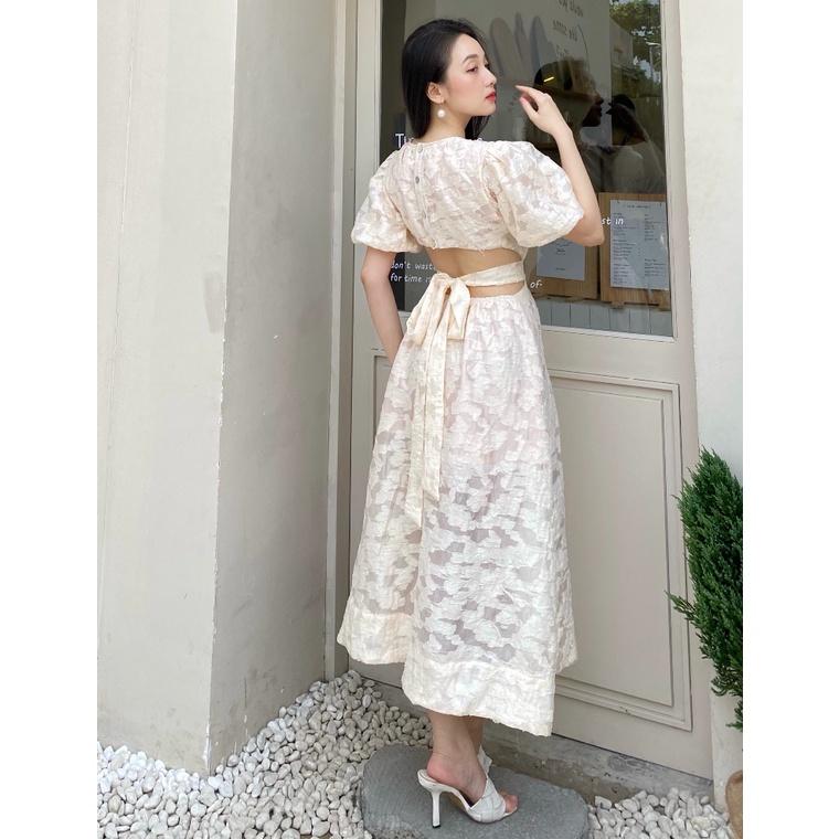 KIOBI - Đầm Cloudy form midi cổ tròn khoét eo, tùng xòe tay phồng, thắt dây eo, vải organza thêu be - KID2112179MB