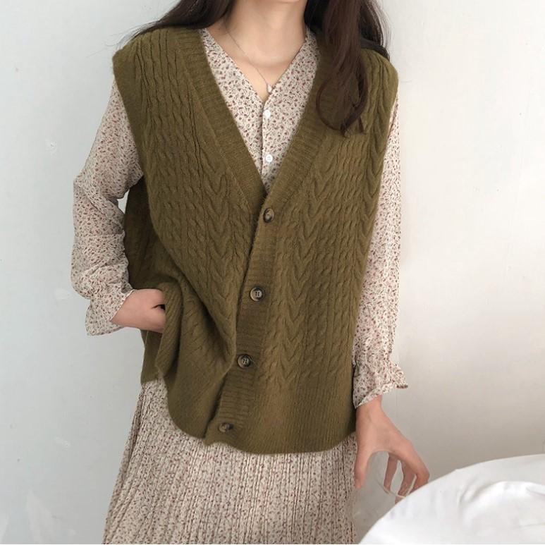 Gile Len | Áo Gile Len Dệt Kim Cổ V Dáng Rộng Ulzzang Kiểu Dáng Trẻ Trung, Hàng Quảng Châu