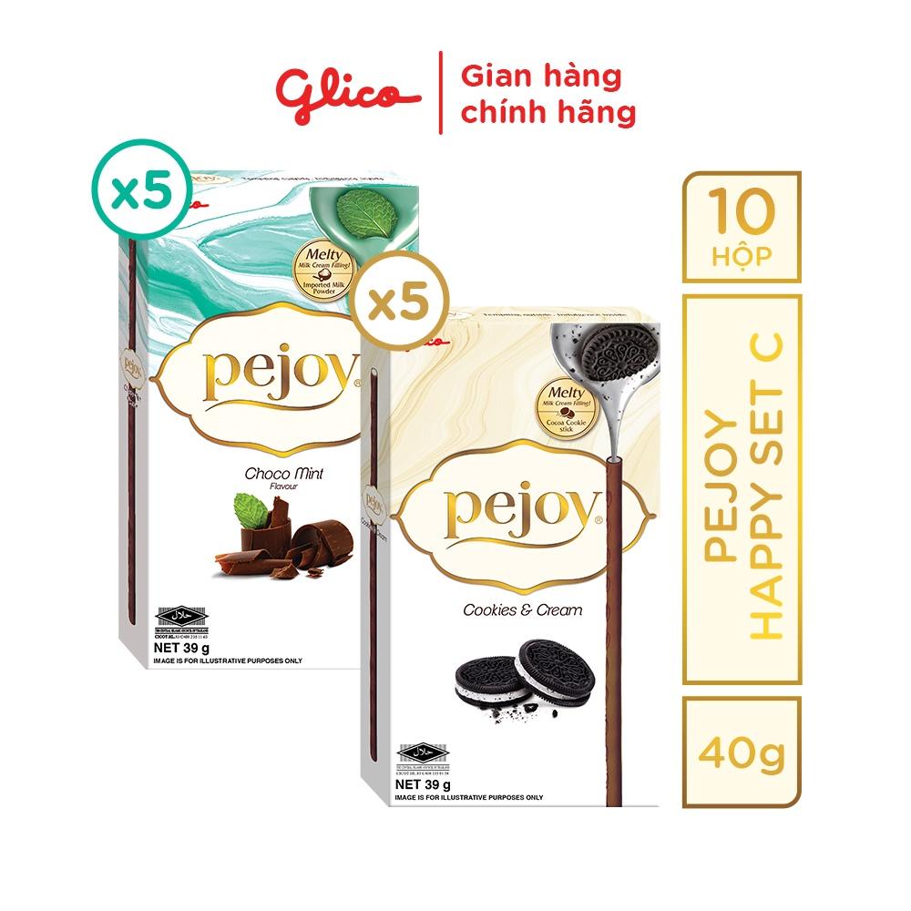 Bánh que nhân kem mix 2 vị cookie &amp; cream socola bạc hà GLICO Pejoy ( Happy Set E 10 hộp - 5 cookie và 5 Choco Mint)