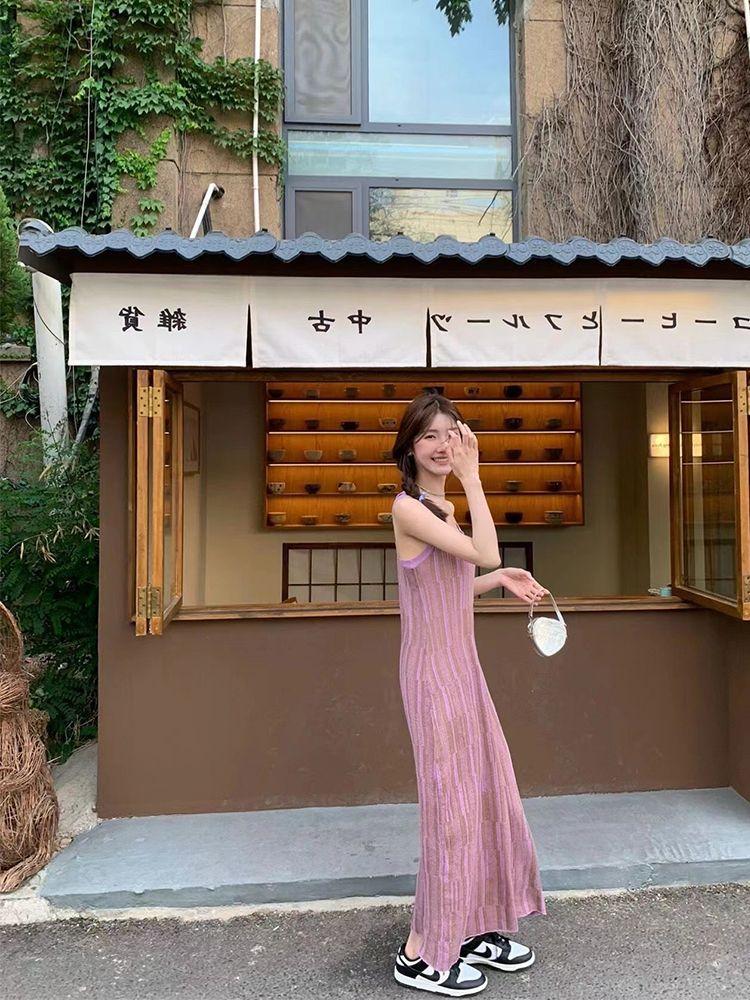 TOBE1SHOP Vintage màu tím kỳ nghỉ hiển thị mỏng sọc dệt kim treo váy maxi boho tay áo dệt kim vest đầm cho phụ nữ