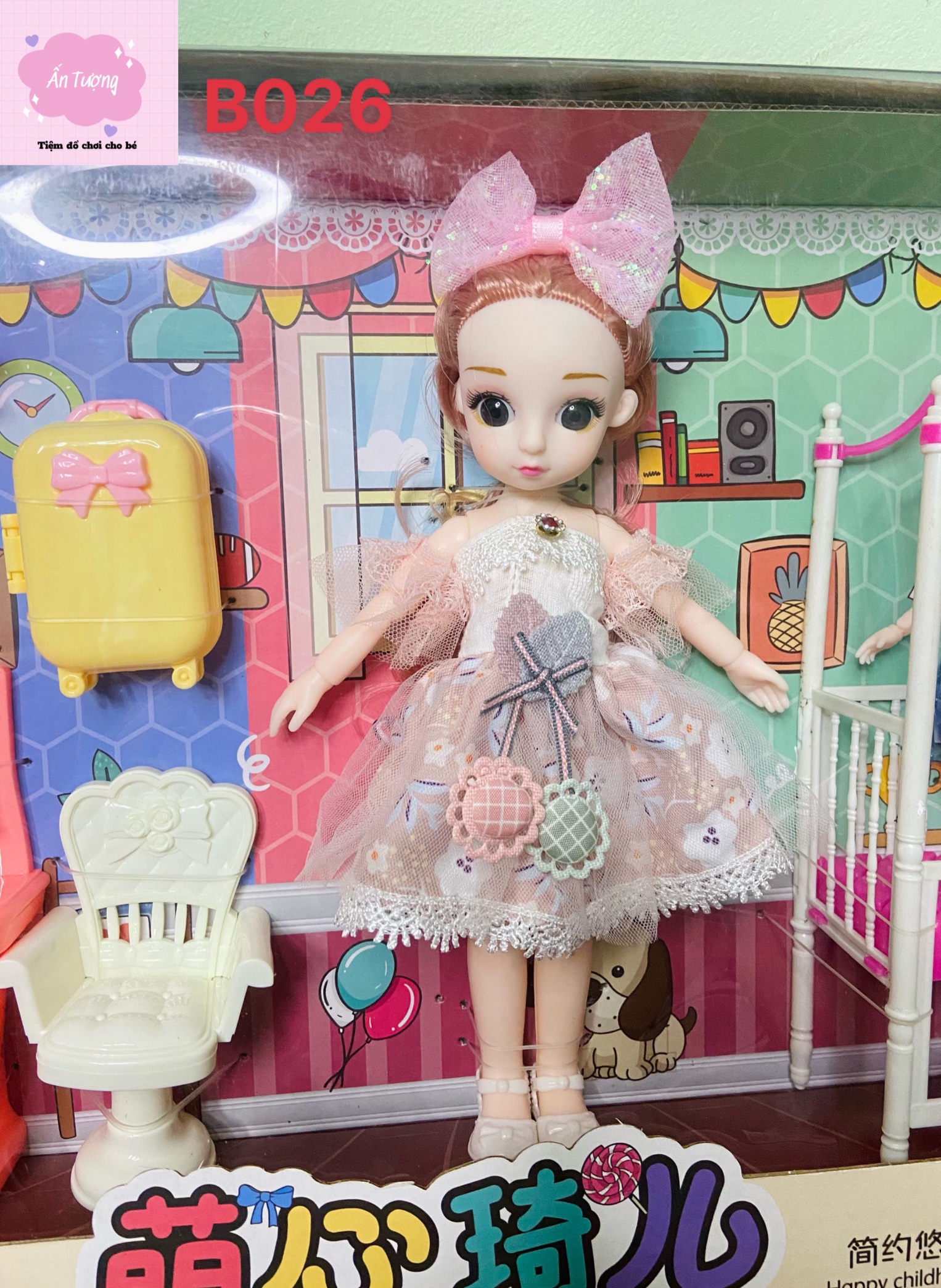 Đồ chơi bé gái - Đồ chơi búp bê- Set 2 em  búp bê Barbie, búp bê BJD khớp xoay kèm phụ kiện giường, ghế, bàn trang điểm