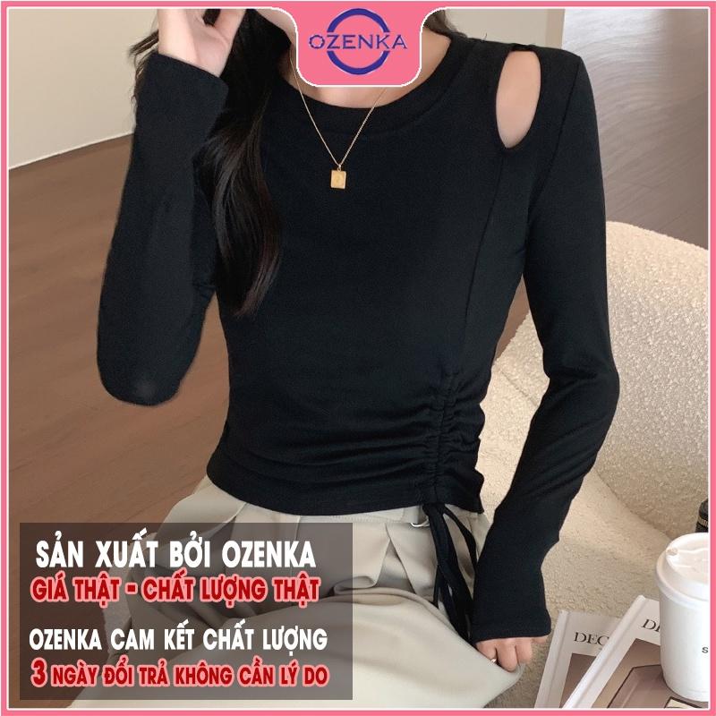 Áo thun croptop tay dài rút dây hở vai OZENKA , crt ôm body nữ đẹp thun gân 100% cotton màu đen trắng dưới 50 kg